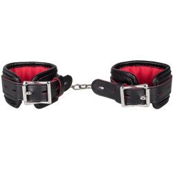 Bondara Black Faux Leather Red Suede Padlocked Wrist Cuffs