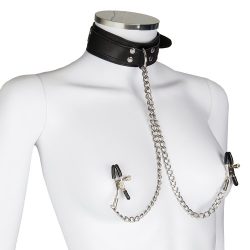 Bondara Luxe Leather Collar with Nipple Clamps