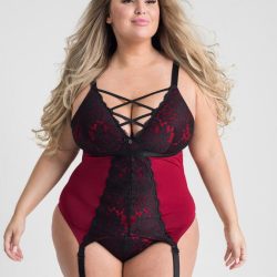 Lovehoney Plus Size Night Lily Wine and Black Lace Basque Set