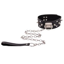 Torment Black Leather Spiked Collar With Leash
